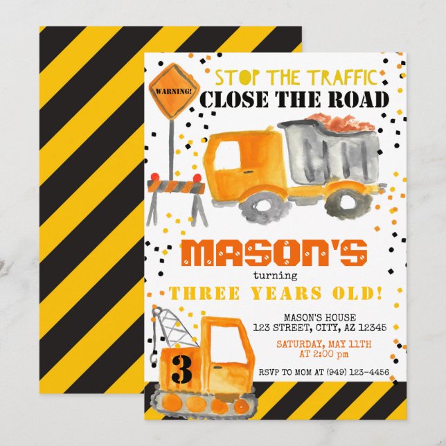 Yellow Black Construction Zone Dump Truck Party Invitation (Front/Back)