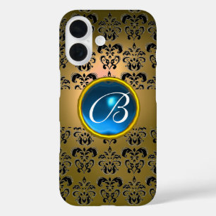 YELLOW BLACK DAMASK BLUE GEMSTONE MONOGRAM iPhone 16 CASE