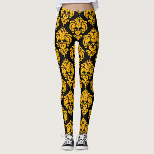 Yellow & Black Damask Chic Modern Elegant Pattern Leggings