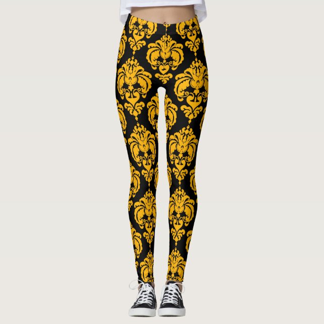 Yellow & Black Damask Chic Modern Elegant Pattern Leggings (Front)
