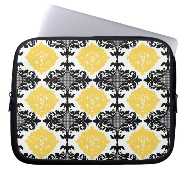 Yellow & black damask floral girly flower pattern laptop sleeve (Front)