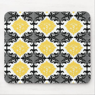 Yellow & black damask floral girly flower pattern mouse mat