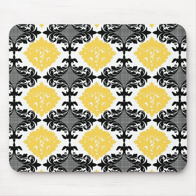Yellow & black damask floral girly flower pattern mouse mat (Front)
