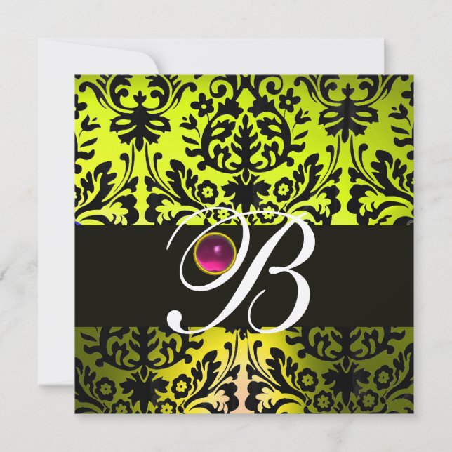 YELLOW BLACK DAMASK MONOGRAM PINK PURPLE Amethyst Invitation (Front)