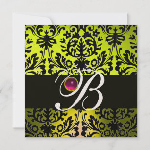 YELLOW BLACK DAMASK MONOGRAM PINK PURPLE Amethyst Invitation