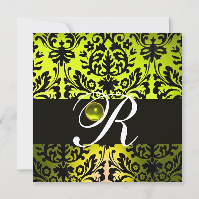YELLOW BLACK DAMASK MONOGRAM TOPAZ Champagne Invitation (Front)