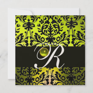 YELLOW BLACK DAMASK MONOGRAM TOPAZ Champagne Invitation