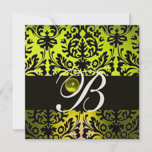 YELLOW BLACK DAMASK MONOGRAM TOPAZ GOLD INVITATION