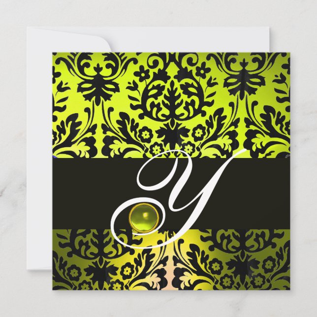 YELLOW BLACK DAMASK MONOGRAM TOPAZ INVITATION (Front)