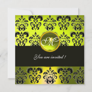 YELLOW BLACK DAMASK MONOGRAM, topaz Invitation