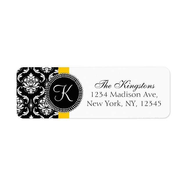 Yellow Black Damask Monogram Wedding Address Label (Front)