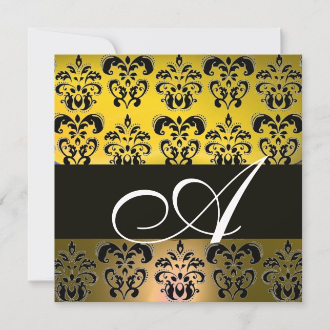 YELLOW BLACK  DAMASK MONOGRAM , white Invitation (Front)