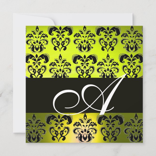 YELLOW BLACK  DAMASK MONOGRAM , white Invitation (Front)