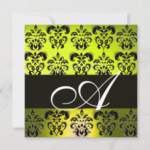 YELLOW BLACK DAMASK MONOGRAM , white Invitation