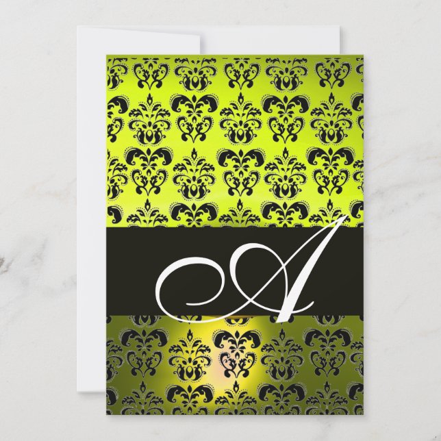 YELLOW BLACK  DAMASK MONOGRAM , white Invitation (Front)