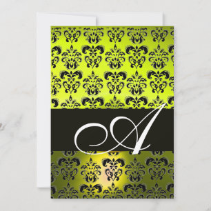 YELLOW BLACK  DAMASK MONOGRAM , white Invitation