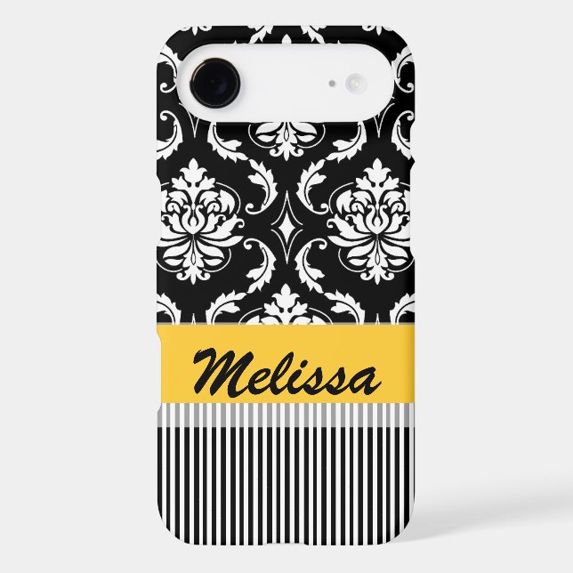 Yellow Black Damask Stripes Your Name Case-Mate iPhone Case (Back)