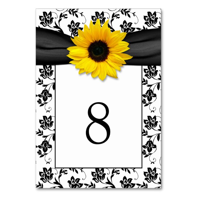Yellow Black Damask Sunflower Ribbon Wedding Table Number (Front)
