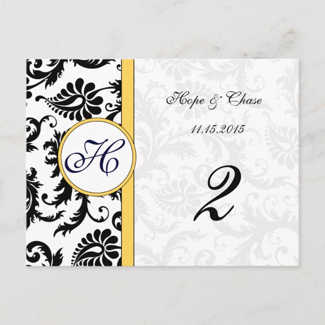 Yellow & Black Damask Swirls Table Number Cards (Front)