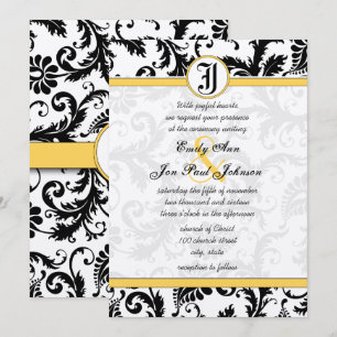 Yellow & Black Damask Swirls Wedding Invitations