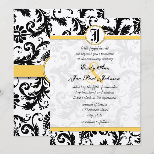 Yellow & Black Damask Swirls Wedding Invitations (Front/Back)