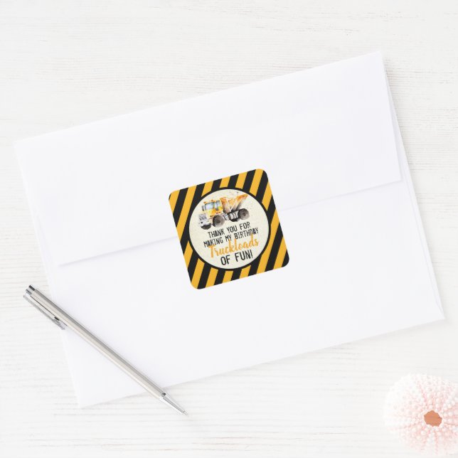 Yellow Black Dump Truck Construction Zone Birthday Square Sticker (Envelope)