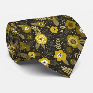 Yellow black elegant ditsy floral pattern tie