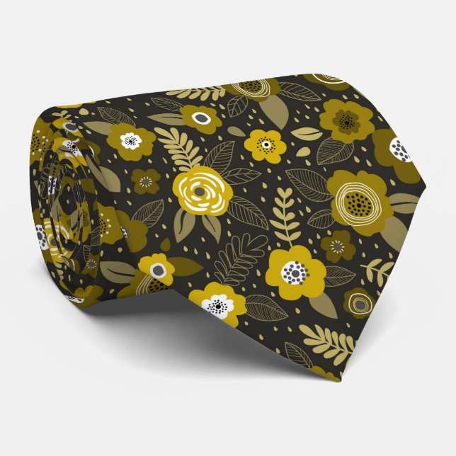 Yellow black elegant ditsy floral pattern tie (Rolled)