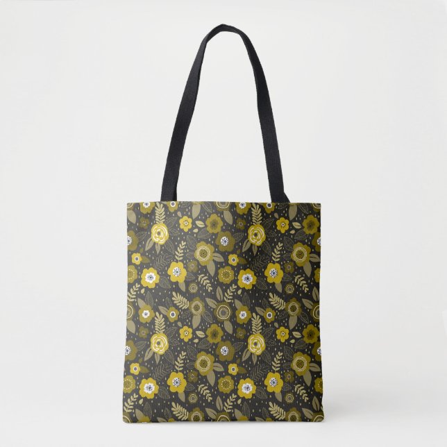 Yellow black elegant ditsy floral pattern tote bag (Front)