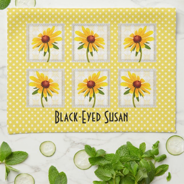 Yellow Black-eyed Susan Floral Photography Blocks Tea Towel (Folded)