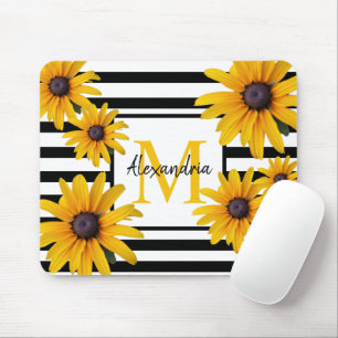 Yellow Black-Eyed Susan Monogram Black Stripe Mouse Mat
