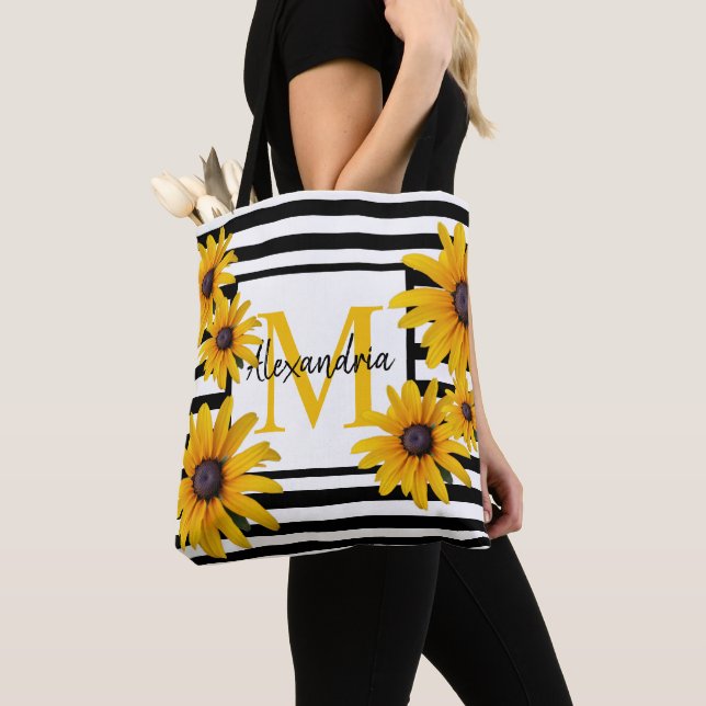 Yellow Black-Eyed Susan Monogram Black Stripe Tote Bag (Close Up)