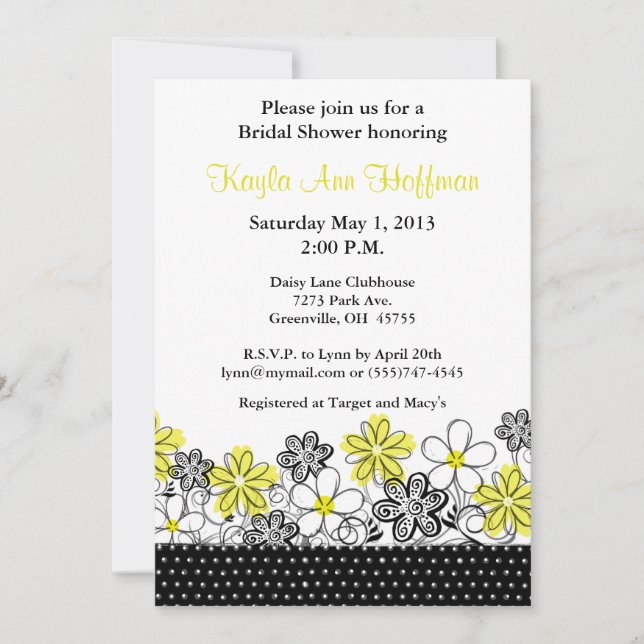 Yellow Black Floral Bridal Shower Invitation (Front)