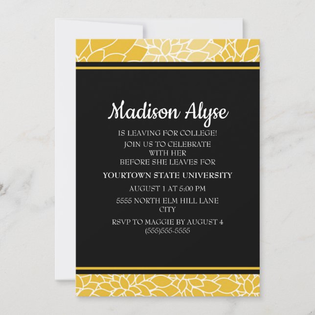 Yellow Black Floral Going to College Party Invite (Front)