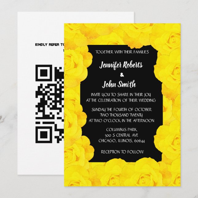 Yellow Black Floral QR Code Rose Flowers Wedding Invitation (Front/Back)