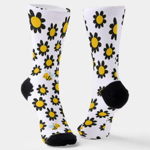 Yellow Black Flower Pattern With Bees Socks