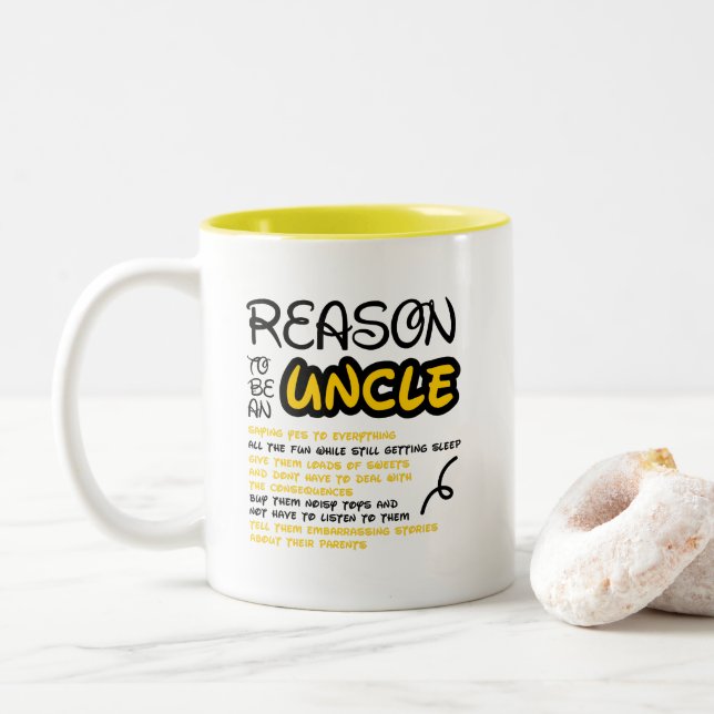 Yellow Black Funny Quote Reason To Be An Uncle Two-Tone Coffee Mug (With Donut)