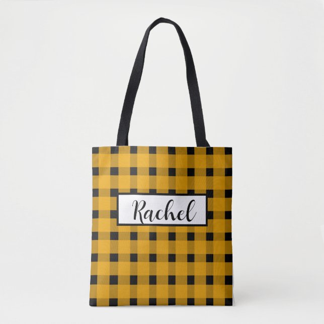 Yellow Black Gingham Personalised Tote Bag (Front)