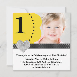Yellow Black Girls Photo 1st Birthday Party Invitation