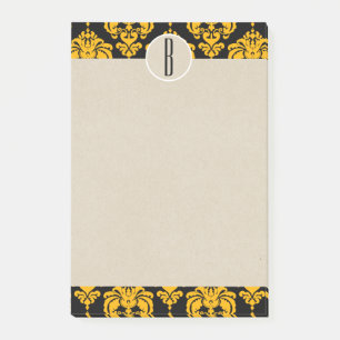 Yellow Black Glam Damask Kraft Monogram Initial Post-it Notes