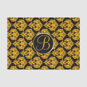 Yellow & Black Glam Damask Monogram Letter Initial Tissue Paper