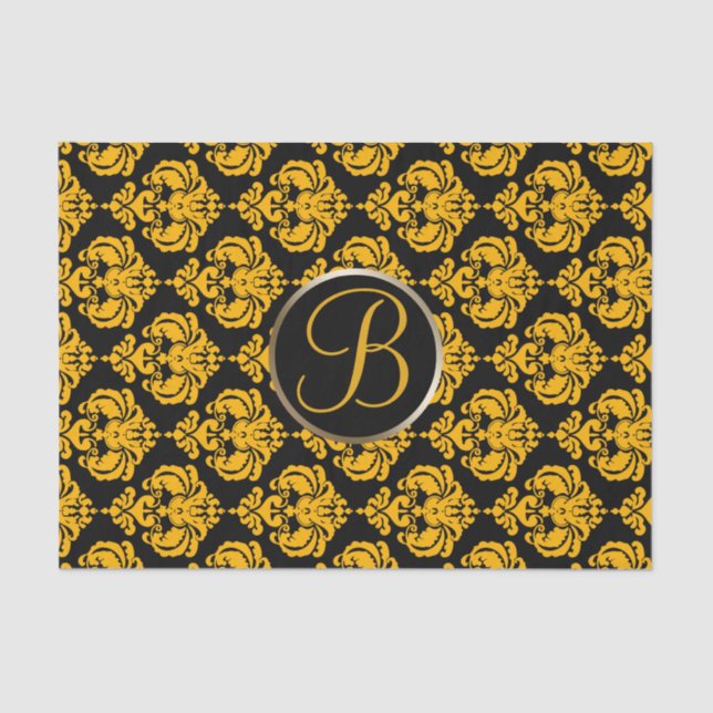 Yellow & Black Glam Damask Monogram Letter Initial Tissue Paper (Front)