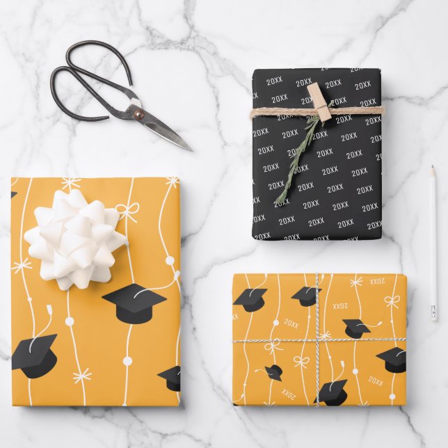 Yellow & Black Graduation Cap Toss Wrapping Paper Sheet (Front)