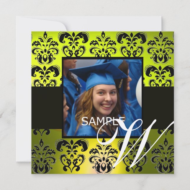 YELLOW BLACK GRADUATION DAMASK  MONOGRAM champagne Invitation (Front)