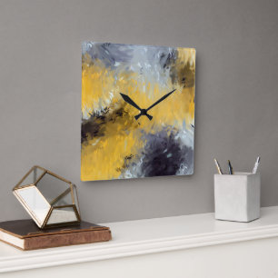  Yellow Black Gray White Abstract Brushstrokes  Square Wall Clock