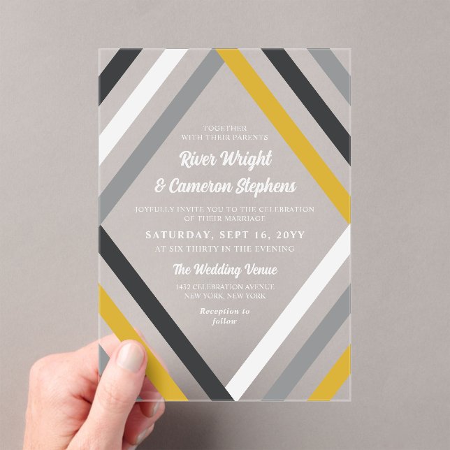 Yellow Black Grey Diamond Stripes Modern Wedding Acrylic Invitations (Insitu (Handheld))