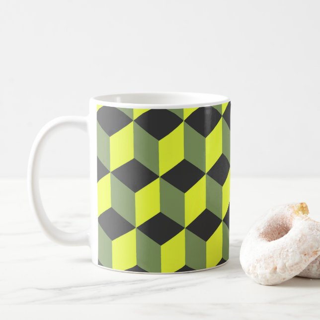 Yellow Black Grey Isometric Cube Pattern Coffee Mug (With Donut)