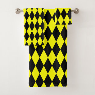 Yellow Black Harlequin Diamonds Checkers Design Bath Towel Set