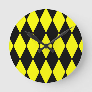 Yellow Black Harlequin Diamonds Checkers Design Round Clock