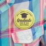Yellow Black High School Graduate Custom Name Tag 6 Cm Round Badge<br><div class="desc">This modern yellow and black custom senior graduate button features classy white typography of your high school or college name for the class of 2024. Customise with your graduating year under the chic black handwritten script and black grad cap for a great personalised graduation name tag for a party or...</div>